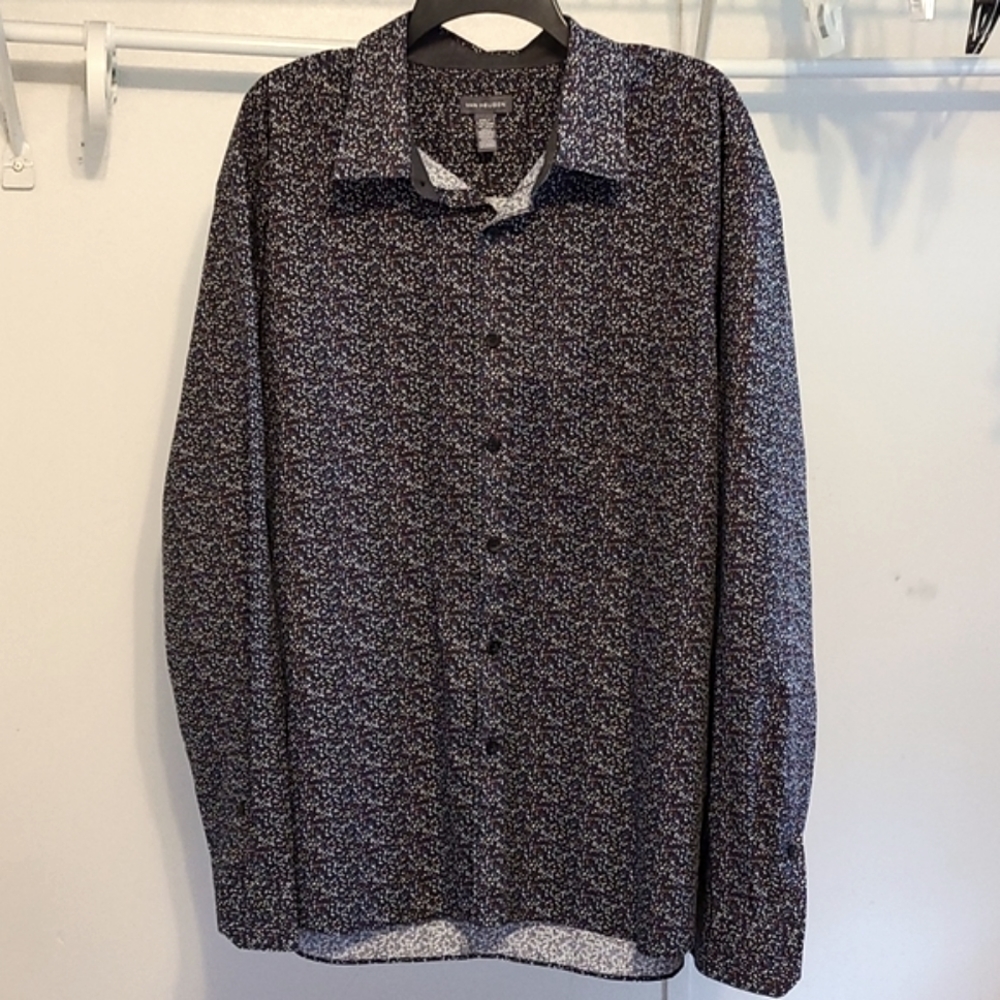 Van Heusen 2XL, XXL Long Sleeve Never Tuck Speckled Black Button Down